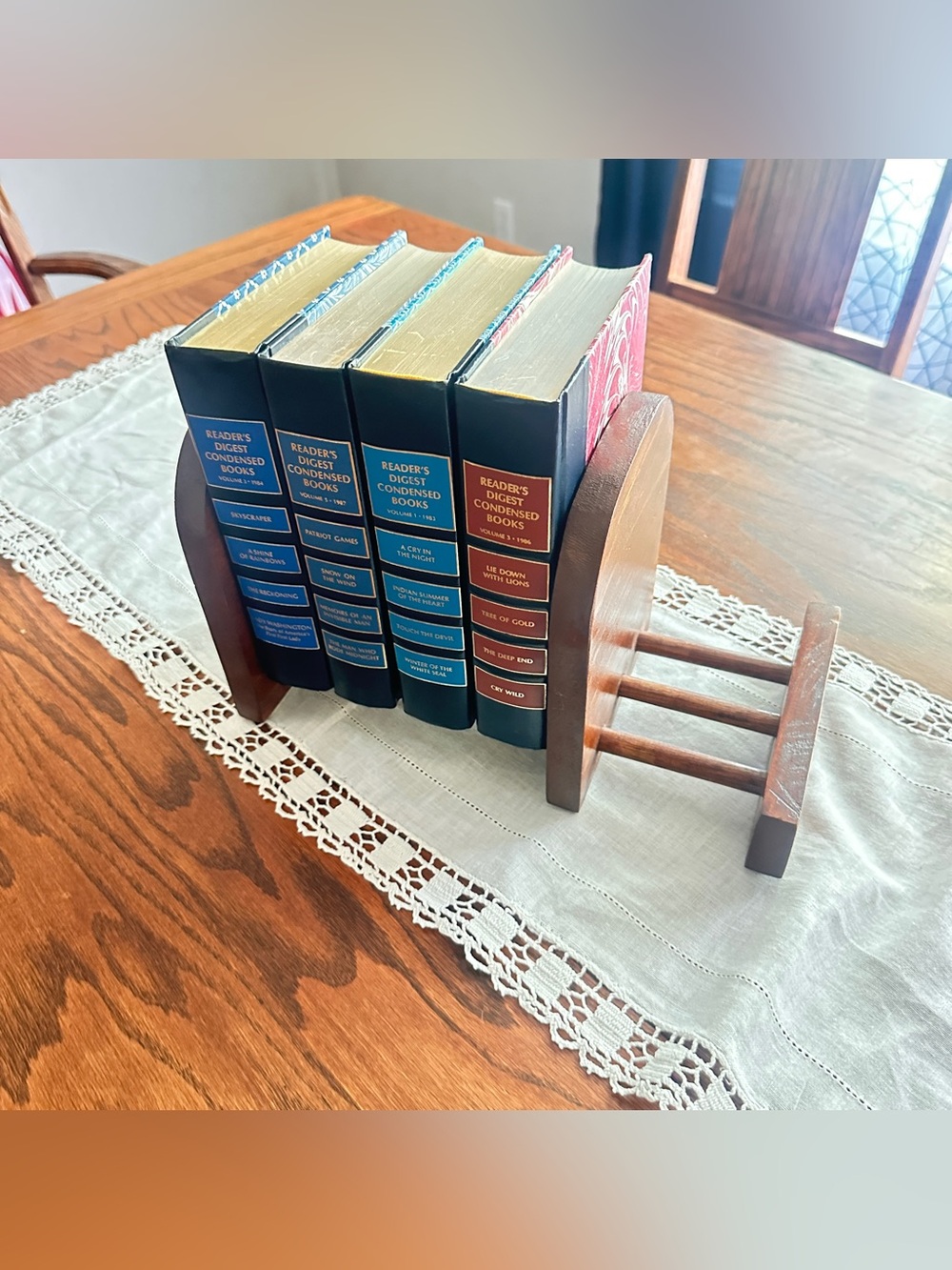 Vintage handmade wooden sliding book rack